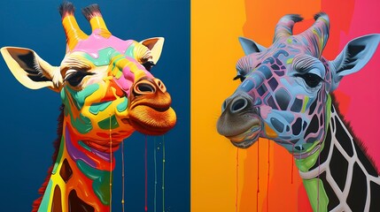 Giraffe neon oil paintings thick brushstrokes