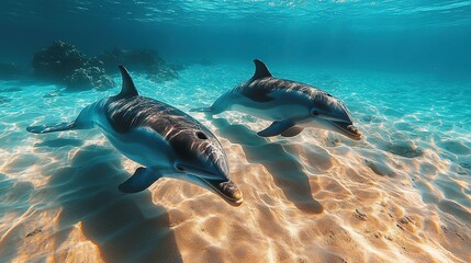 Fototapeta premium Two Dolphins Swimming Over Sandy Ocean Floor