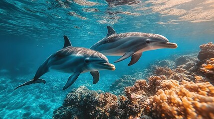 Two Dolphins Swimming Through Vibrant Coral Reef
