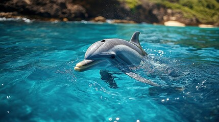 Naklejka premium A Striped Dolphin Swims In Clear Turquoise Water