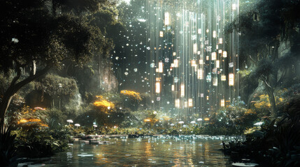 Futuristic Forest Waterfall: Bio-Luminescent Lights and Flora