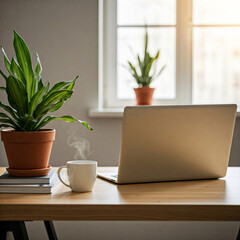 Obraz premium A cozy workspace with a wooden desk featuring a laptop, a white mug, a potted plant, and a wire basket holding books, illuminated by natural light from a nearby window Generative AI