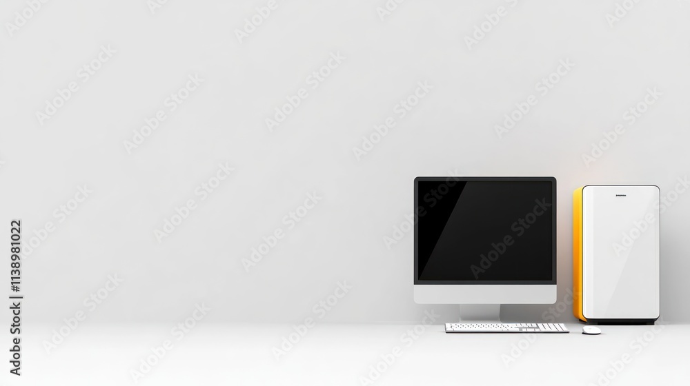 Poster modern workspace featuring a computer and a sleek device.