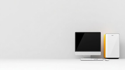 Modern workspace featuring a computer and a sleek device.