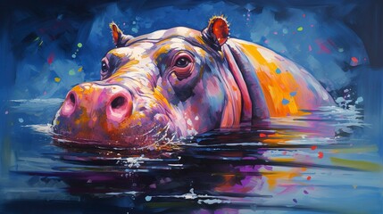 Hippopotamus neon oil paintings thick brushstroke