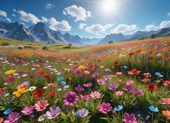 Obraz premium colorful flowers blooming in a vibrant meadow under a clear blue sky, flora, nature