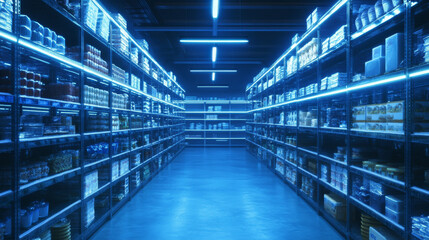 Futuristic Food Bank Warehouse: Blue LED Lit Shelves, Hyperrealistic 3D Rendering