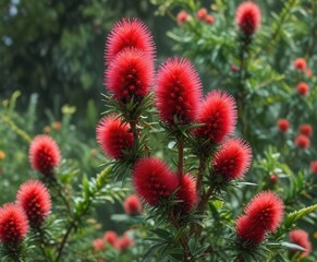 Colorful flower bud clusters on a mature Bottle Brush shrub, spring flowers, foliage, botanicals