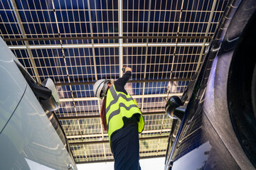 Engineer inspecting solar panels in a solar-powered carport surrounded by parked cars. Renewable energy, clean technology, sustainable infrastructure, and solar panel performance monitoring.