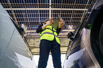 Engineer inspecting solar panels in a solar-powered carport surrounded by parked cars. Renewable...