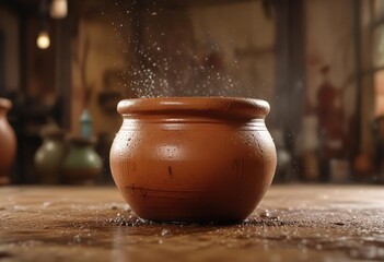Clay pot on pottery wheel with water dripping off, pottery equipment, handmade crafts