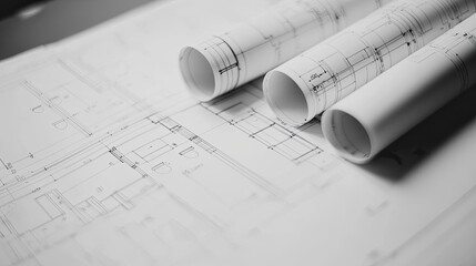 Blueprints and rolled plans on table, showcasing design details