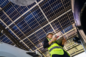 Fototapeta premium Engineer inspecting solar panels in a solar-powered carport surrounded by parked cars. Renewable energy, clean technology, sustainable infrastructure, and solar panel performance monitoring.