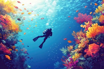 Diver Explores Vibrant Coral Reef Teeming With Tropical Fish and Crystal-Clear Blue Water in a Serene Underwater Paradise. Generative AI