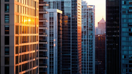 Fototapeta premium Sunset reflections on modern skyscrapers in urban landscape