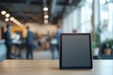 Fototapeta premium Tablet on wooden surface with blurry office background