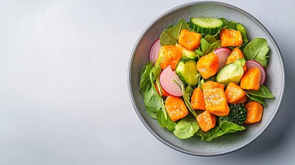 Fresh salad bowl with broccoli and cucumbers healthy meal minimalist setting top view