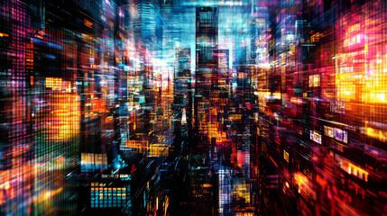 Obraz premium Quantum Cityscape: Cyberpunk Digital Art, Futuristic Buildings, Vivid Colors