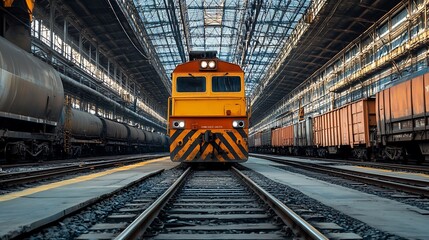 Obraz premium Freight Train in Industrial Rail Yard. Concept of Transportation, Logistics, and Industry.