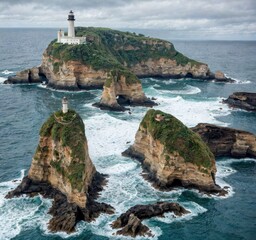 Aerial view of rocky islands with lighthouses surrounded by ocean waves and greenery.