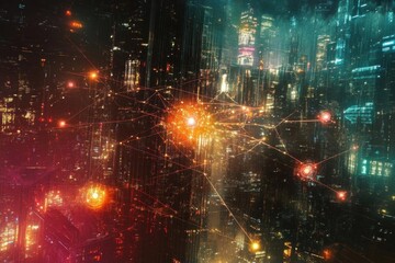 Fototapeta premium A futuristic cityscape with glowing networks and vibrant lights.
