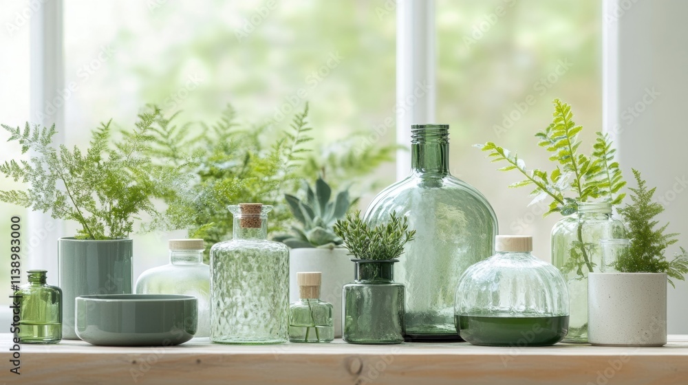 Poster a detailed view of a product line using refillable containers showcasing various sizes of glass bott