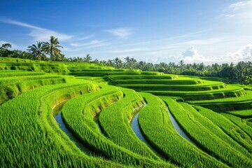 Lush green rice terraces under a bright blue sky.