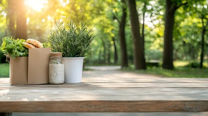 Fresh produce picnic setup in green park lifestyle scene nature vibes bright atmosphere