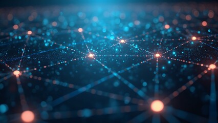 An abstract representation of a digital network. Glowing nodes and lines to illustrate data flow, with a gradient blue and black background for a futuristic feel