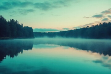 Serene lake at dawn with mist and reflections in calm water.