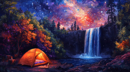 Camping Waterfall Stars Night Tent Adventure