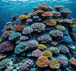 Vibrant coral reef teeming with diverse marine life and colorful corals underwater.