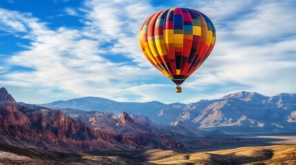 Fototapeta premium Colorful hot air balloon over red rock mountains. Adventure, travel, and scenic landscape.
