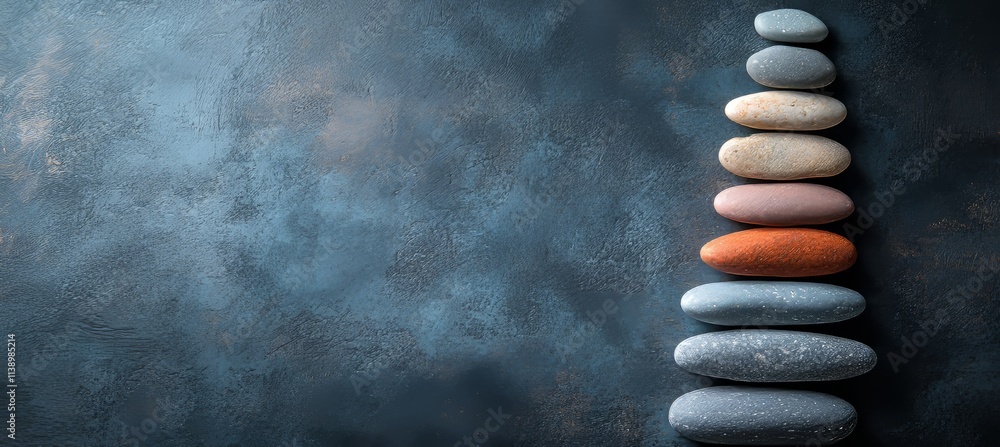Poster stack of eight smooth colorful pebbles in vertical row on slate texture, zen-like arrangement,