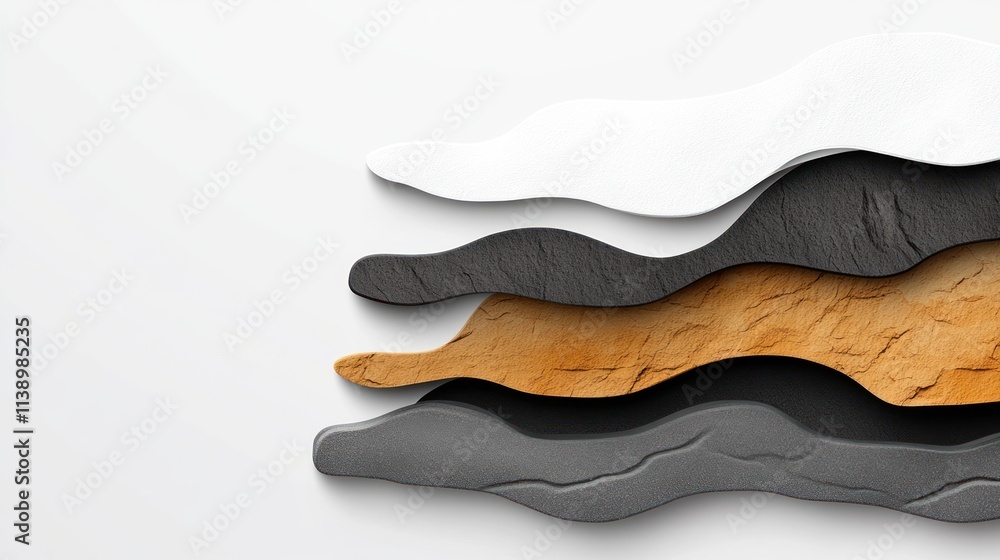 Poster abstract layers of textured materials in various colors.