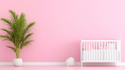 Soft pink nursery with a crib and potted plant.