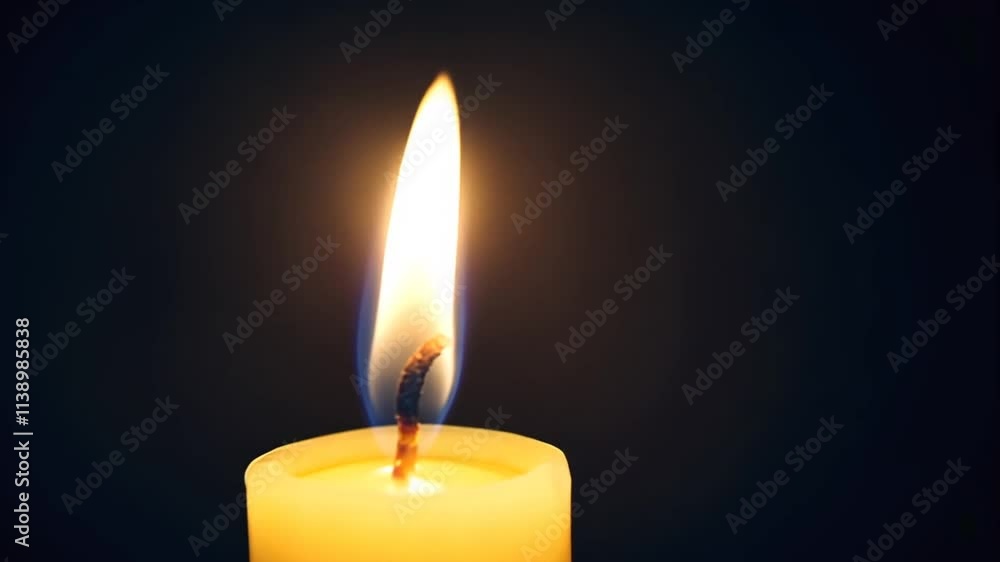 Poster close-up of a single burning candle in the dark. animation looping video background. generated with 