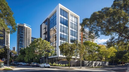 Modern glass office building on city street.