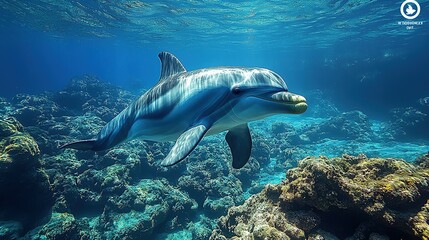 Obraz premium A Dolphin Swims Gracefully Through Coral Reefs