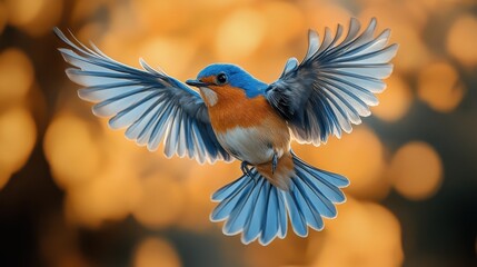 a blue bird flying with its wings spread