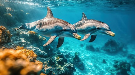 Fototapeta premium Two Dolphins Swimming In Ocean Coral Reef
