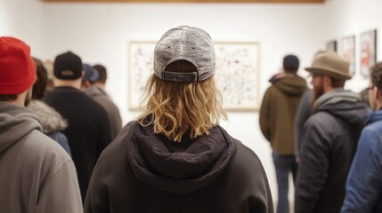 Fototapeta premium Group of Individuals Engaged in Art Exhibition Viewed from Behind, Diverse Clothing Styles in Contemporary Gallery Setting, Capturing a Moment of Cultural Appreciation