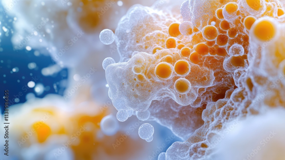 Poster close-up of cellular structure with spherical formations and complex textures, resembling biological