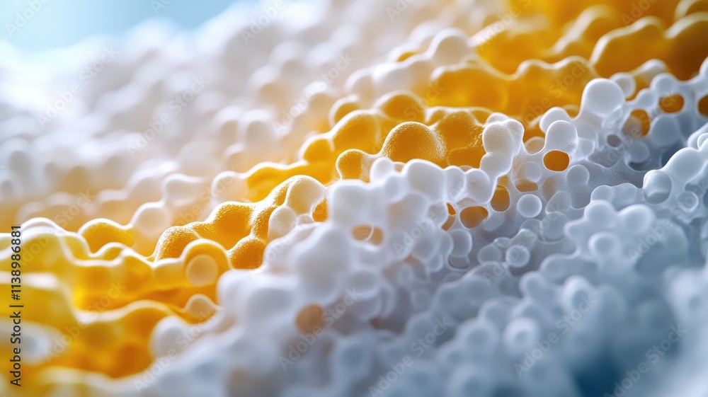 Aufkleber close-up of colorful undulating foam structure, blending yellow and white hues in abstract pattern