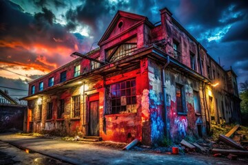 Naklejka premium Abandoned building, decaying beauty: urban exploration photography captures dark, graffiti-strewn vigilance.