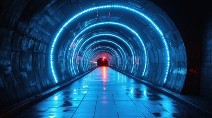 a blue tunnel with light shining through it