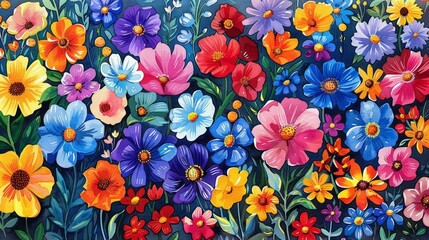 Obraz premium Colorful floral pattern with orange, red, pink, and blue flowers.