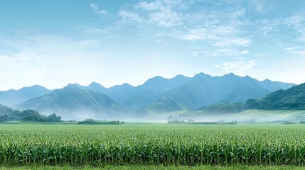 Fototapeta premium Lush green cornfield in serene mountain landscape rural area nature photography tranquil view