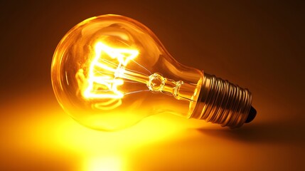 Illuminated incandescent bulb glowing brightly on orange background