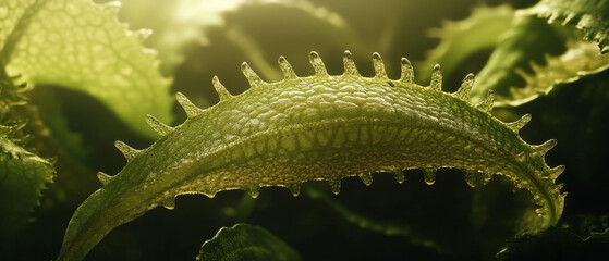 Naklejka premium Carnivorous Plant Leaf Petiole Joint, Traps, Mechanisms, Dramatic Lighting, Cinematic